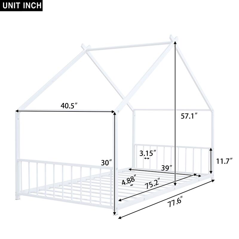 Twin Size Metal House Bed with Roof for Kids, Sturdy Frame, No Box Spring Needed