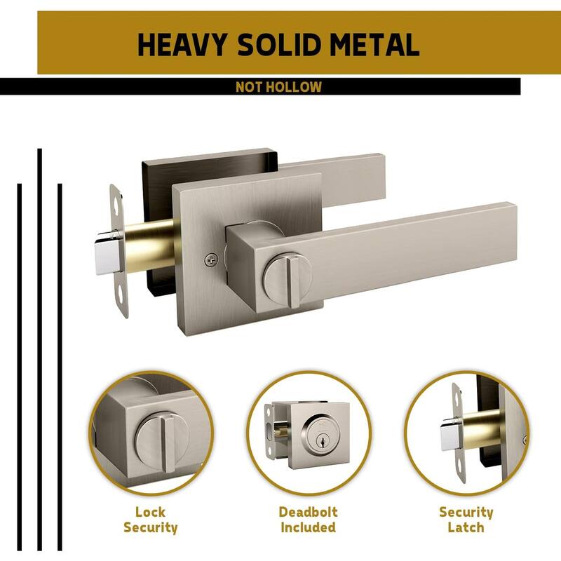 Mega Handles ROBELL Square Entry Lever and Deadbolt Combo | Front Door Lock Set | Modern Stainless Steel | Keyed Door Lever