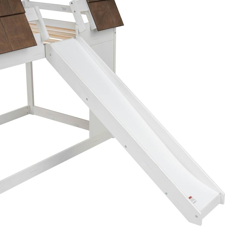 Wood Twin Size House Bunk Bed with Roof, Ladder and Slide