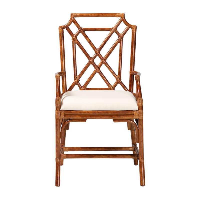 Esmery Marbled Tortoise Natural Rattan Dining Chair - Handcrafted Wicker Armchair with Crisscross Back, Boho Coastal Seating