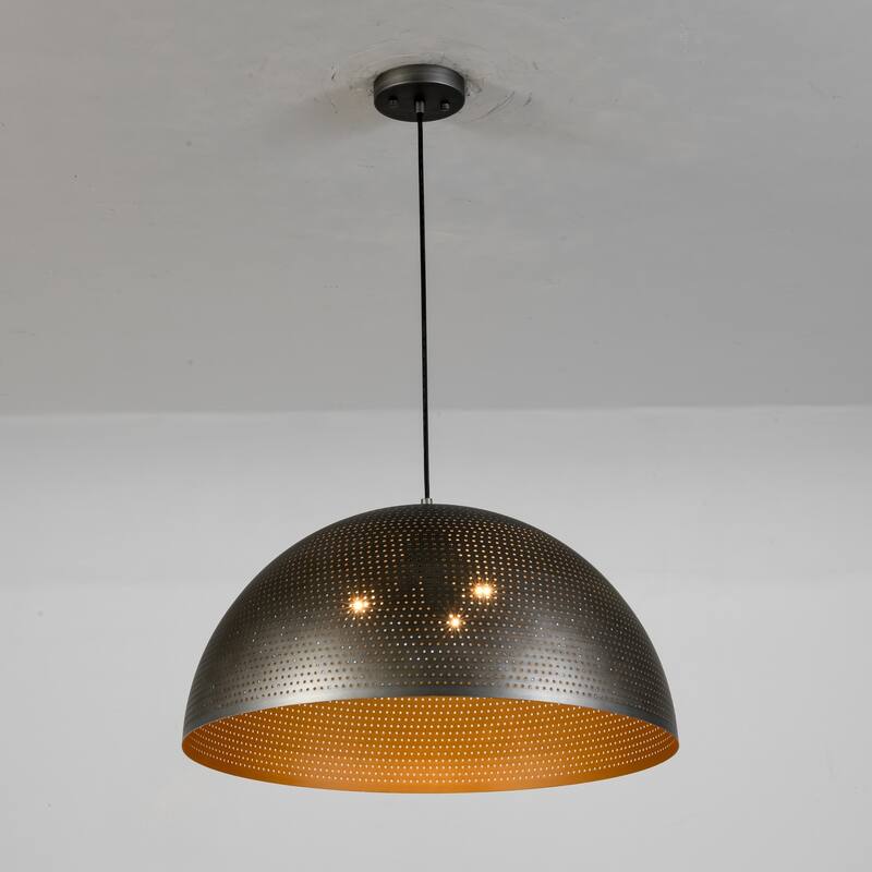 3-Light Industrial Metal Pendant Light with Perforated Dome Shade for Kitchen - 23.6 in. W x 12.6 in. H - Black