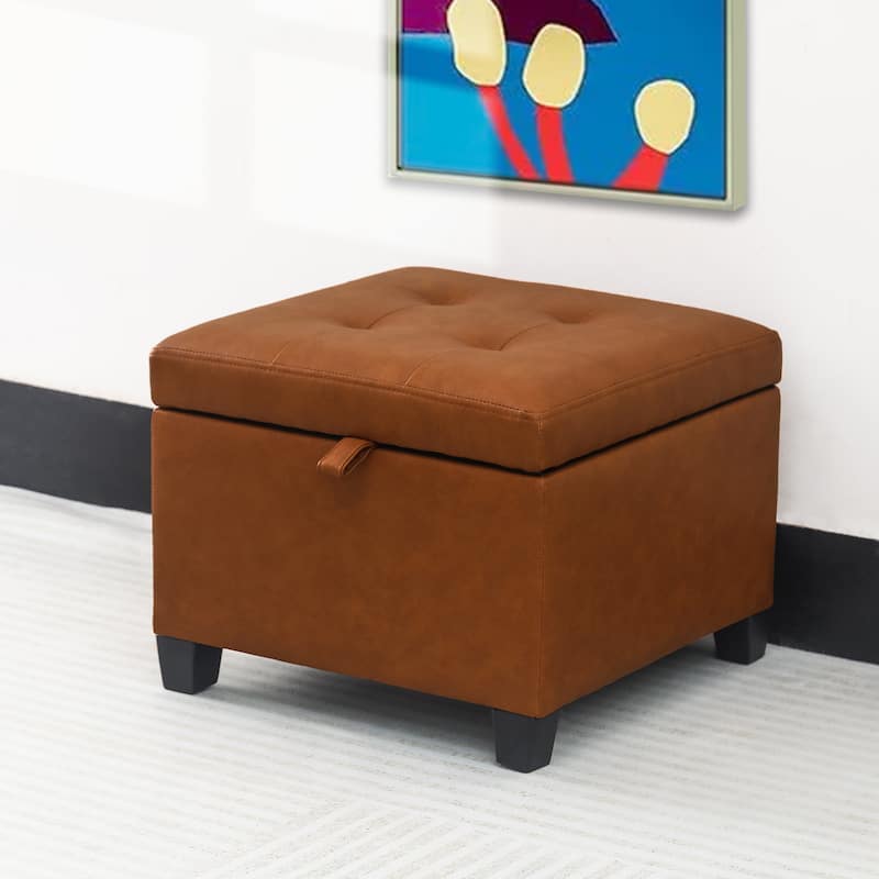 Adeco Faux Leather Tufted Flip Top Storage Ottoman - Red-Brown-Faux-Leather