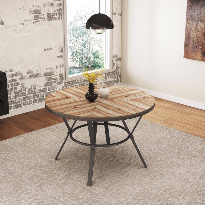 Roomfitters Modern Round Dining Table with Splayed Metal Trestle Legs, Light Birch Finish - Black,Natural