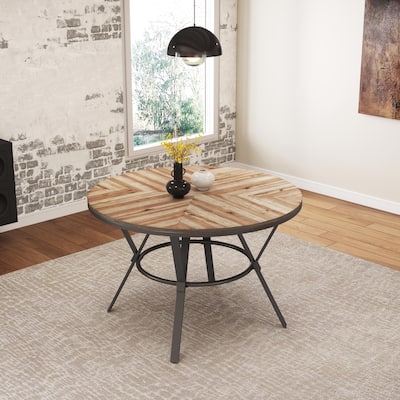 Round Dining Table with Black Metal Splayed Trestle Legs, Coffee Table Accent Table for Dining Room