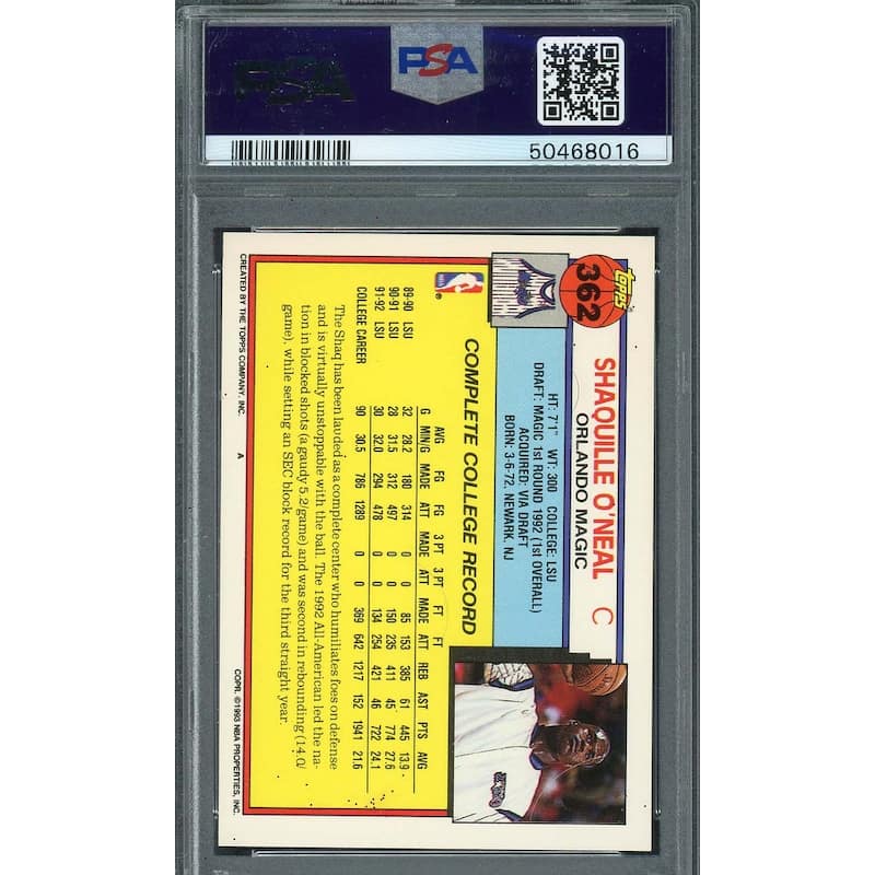 Shaquille O'Neal 1992 Topps Basketball Rookie Card #362 Graded PSA 9 - 8'6" x 11'6"