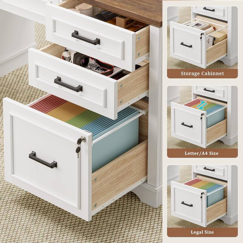 Executive Desk with Drawers Computer Desk File Drawers Power Outlet LED Lights Storage Cabinet