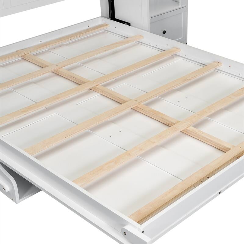 Queen Size Murphy Platform Bed with Side Cabinets, 2 Drawers and LED Light, Wooden Foldable Murphy Wall Bed with Storage Shelves