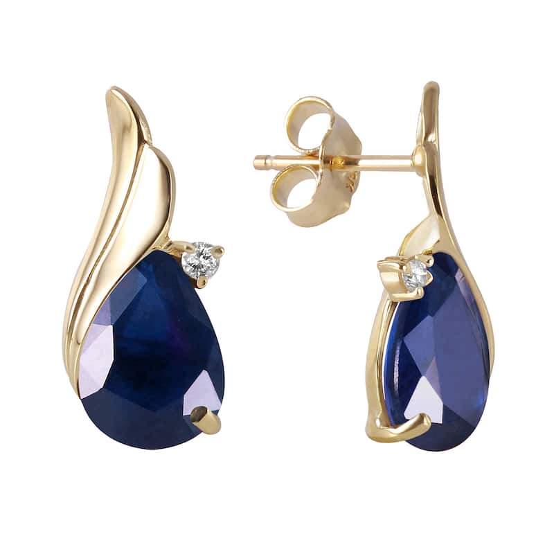 14K Solid Gold Studs Earrings Natural Diamond & Sapphire Certified - Yellow