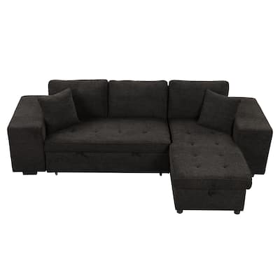 104" Pull Out Sleeper Sofa w/ Storage Chaise & 2 Stools,Charcoal Grey