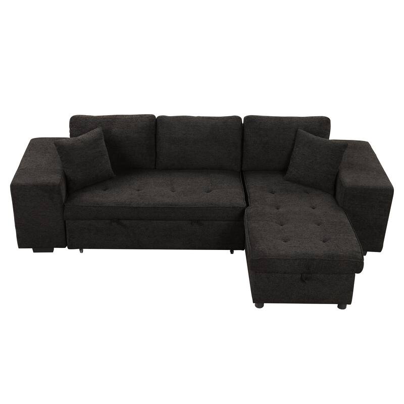 Black 104.5" Charcoal L-Shaped 3-Seater Convertible Sofa with Pull-Out Bed, Storage Chaise, and 2 Convenient Stools