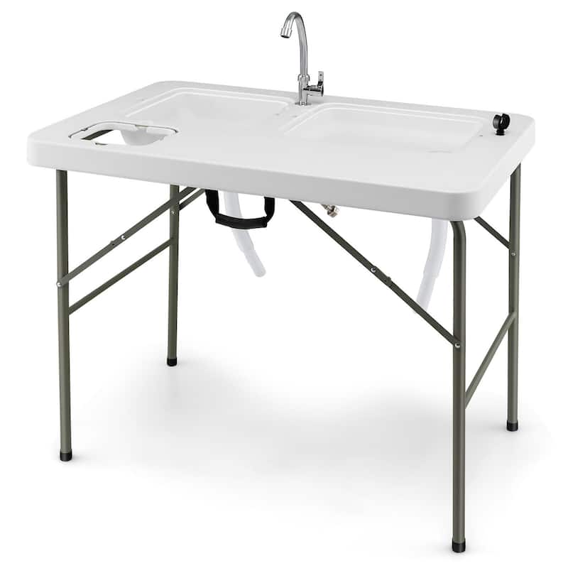 Gymax Folding Fish Cleaning Table w 2 Built-in Sinks Rotatable Faucet - White