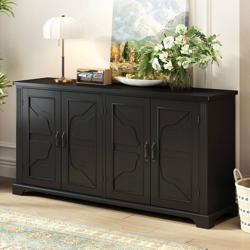 American Country Style Wooden Sideboard with Pine Doors and Legs, 4 Metal Handles, for Hallway Entryway Living Room Dining Room - Black