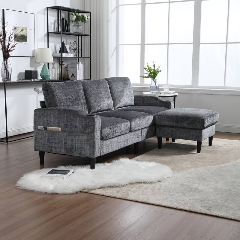 Modular Sectional Sofa with Storage Ottoman, Comfy Chenille Fabric Sofa, 3-Seater Sofa with Side Pockets & 2 Cup Holders