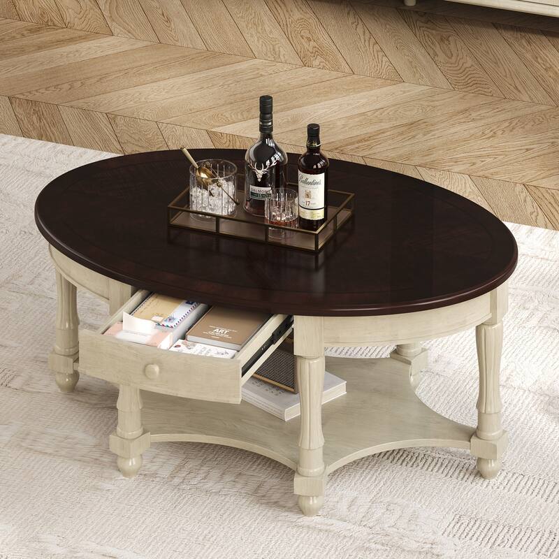 Vintage Oval Coffee Table with Multiple Storage Options and Sturdy Construction