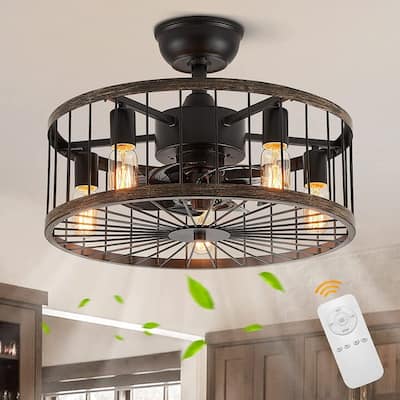 20 in. Low Profile Ceiling Fan Light Modern Farmhouse Wood Finish Caged Ceiling Fan with Light and Remote