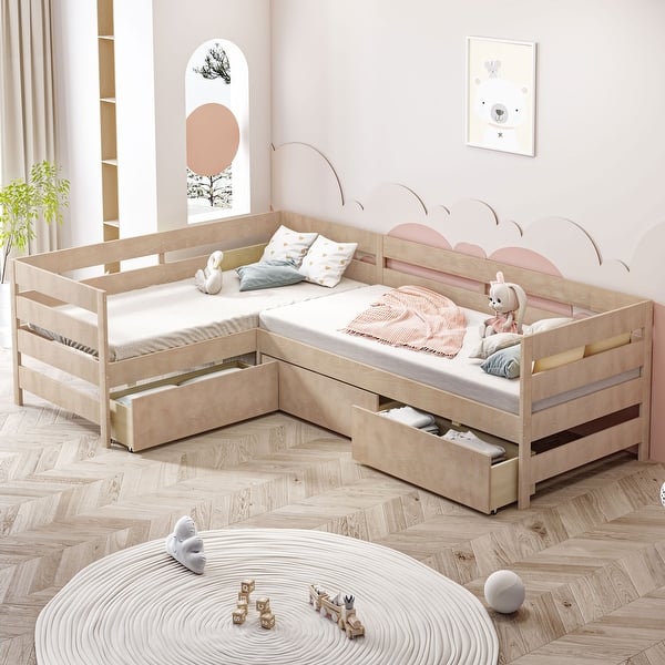 slide 2 of 18, Twin Size L-shaped Platform Bed with Three Storage Drawers, Natural Natural