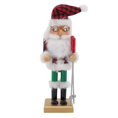 Skier Nutcracker Decoration With Buffalo Plaid Design