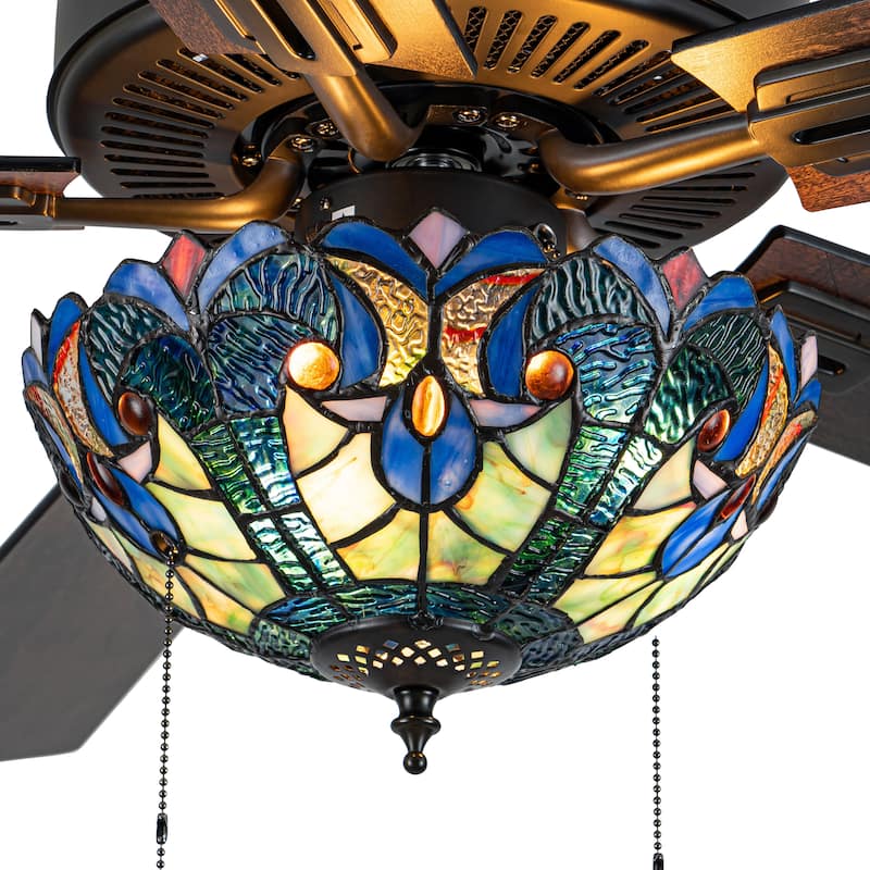52" W Halston Indoor Tiffany Stained Glass Oil Rubbed Bronze Ceiling Fan with Remote Control