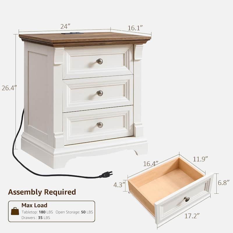 Farmhouse 3 Drawers Nightstand with Charging Station, Rustic End Table