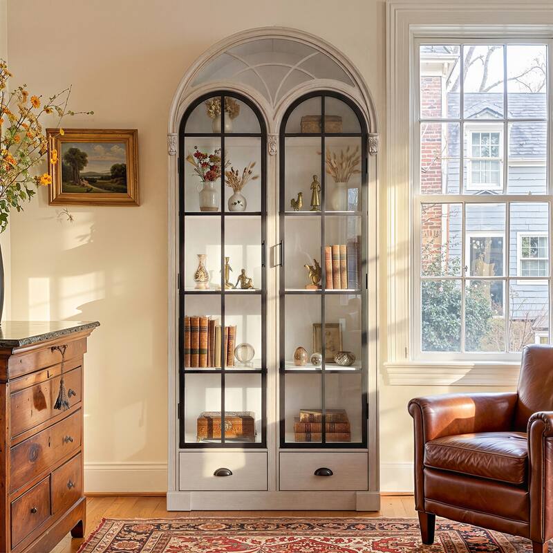 Arched Glass Door Display Cabinet with Iron Frame, Tall Curio Bookcase with Drawers, Farmhouse Storage Cabinet
