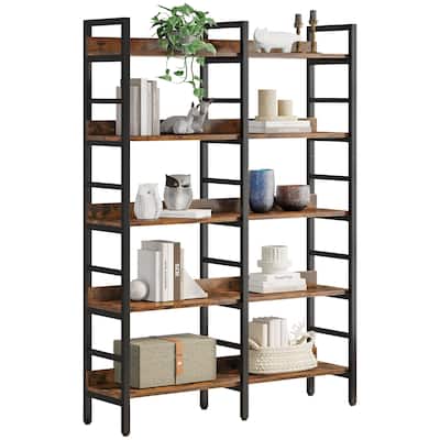 5-Tier Double Wide Bookshelf with Wood and Meta Frame, Etagere Bookcase,Storage and Display Shelf for Living Room, Home Office