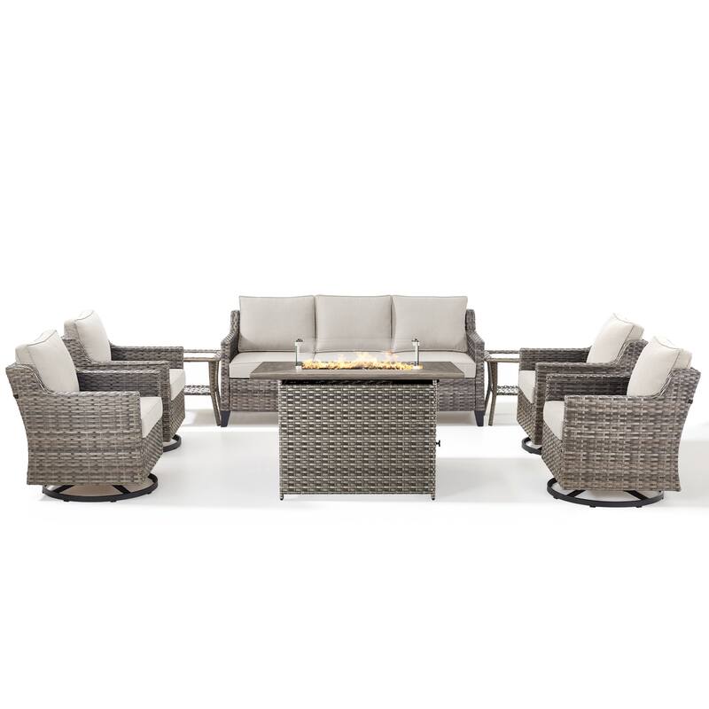 Pocassy Outdoor Swivel Chair with Sofa with Fire Pit Table