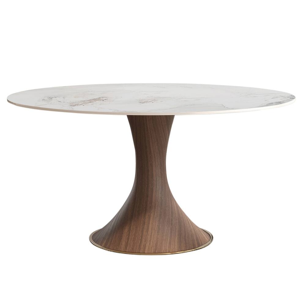 Modern Round Stone Top Black Woodgrain Pedestal Dining Table