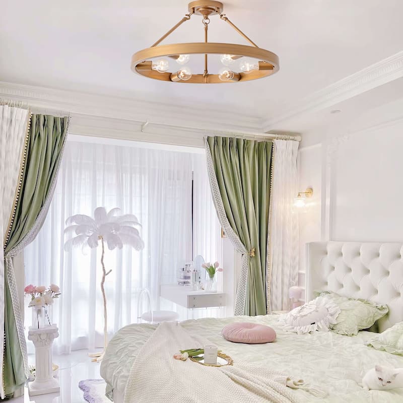 Abigail Wagon Wheel 6-Light Metal Round Rustic Semi-Flush Mount - Brushed Brass