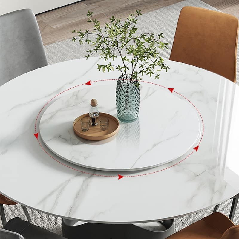 Modern Round White Glossy Dining Table with Sintered Stone Tabletop and Black X Carbon Steel Base