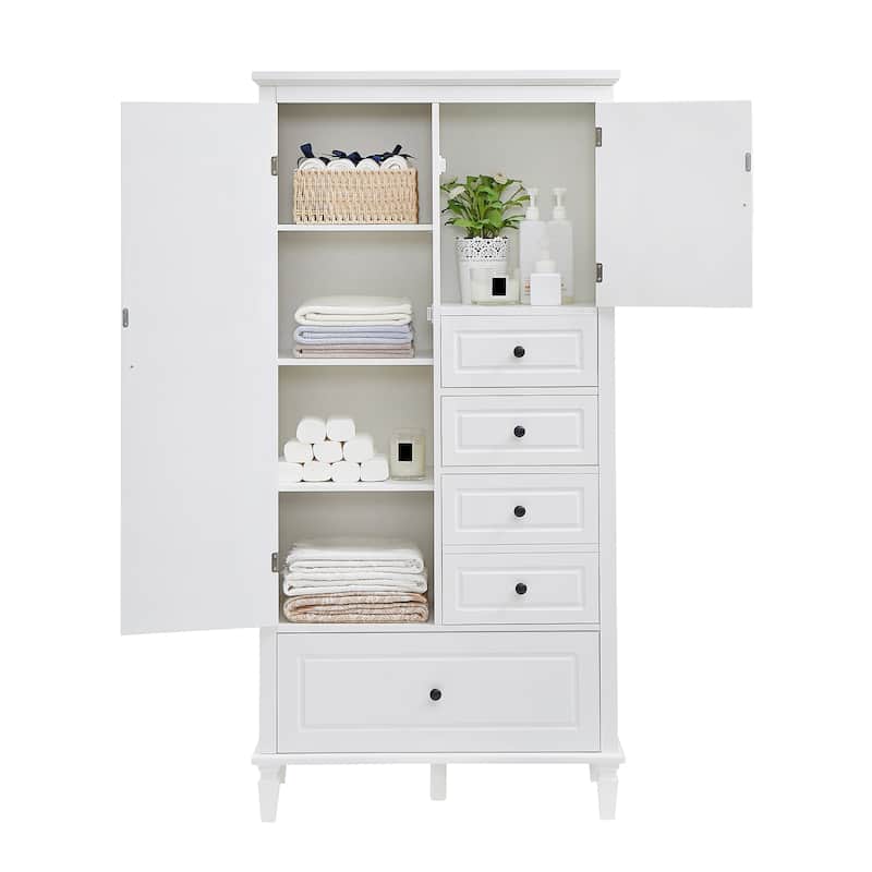 Tall and Wide Storage Cabinet with Doors, Four Drawers of Different Sizes, Adjustable Shelves