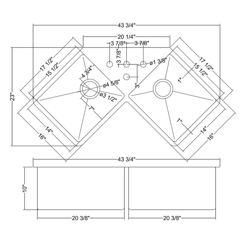 Ruvati Corner Butterfly Undermount Kitchen Sink 16 Gauge 44" Double Bowl - RVH8400 - 43-3/4″x 23″