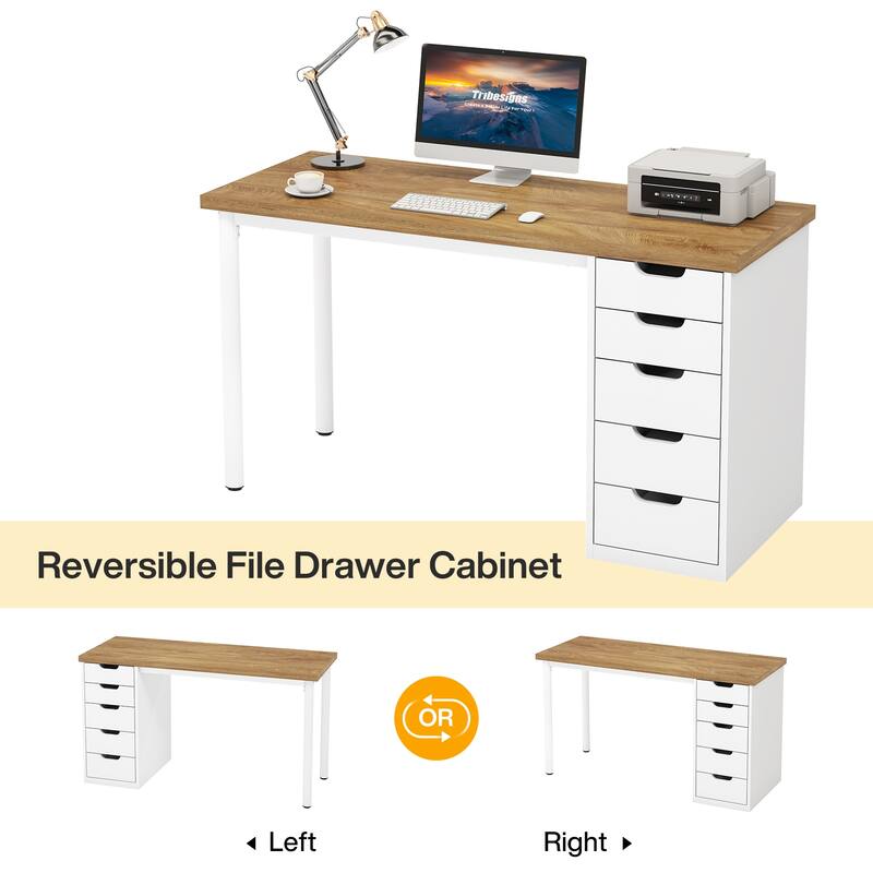 Modern Computer Desk with 5 Reversible Drawers, Storage Home Office Desk, PC/Laptop Desk, Study Writing Table Workstation