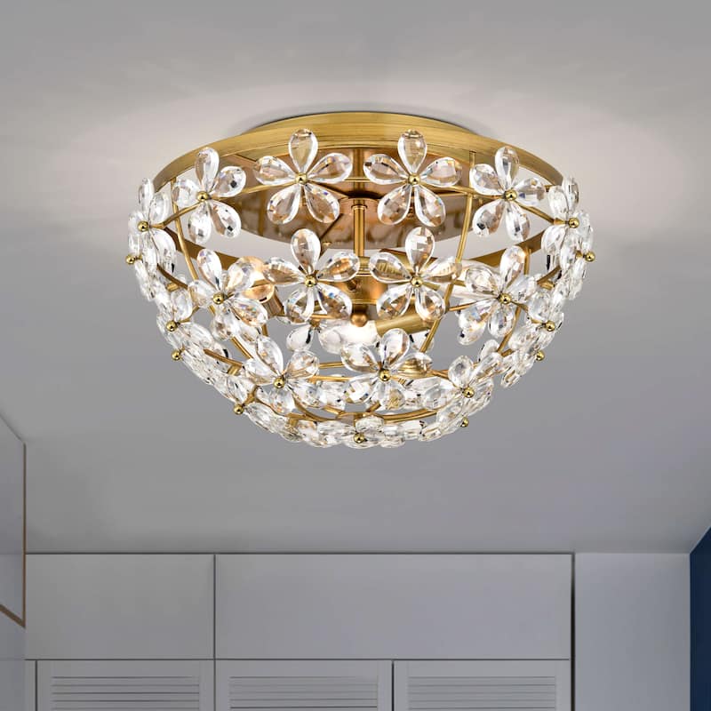 Rosa 3-Light Glam Daisy Flower Crystal Blossom Flush Mount - Brushed Brass