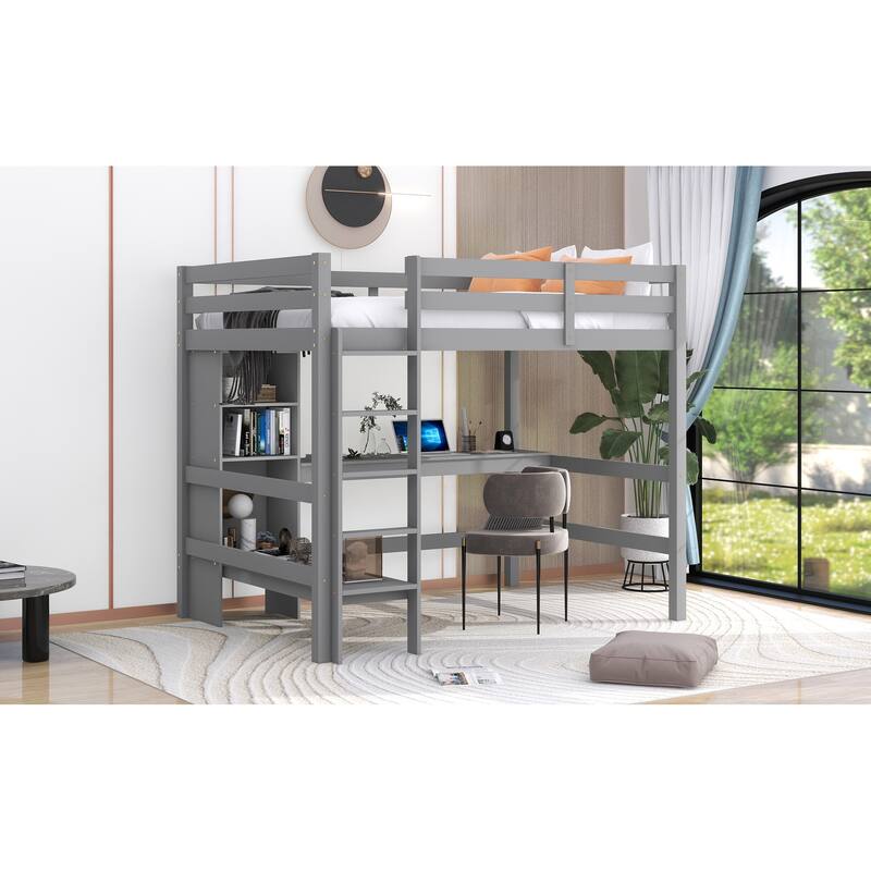 Full Loft Bed with Desk and Shelves (Pine Wood and MDF Frame) Bed