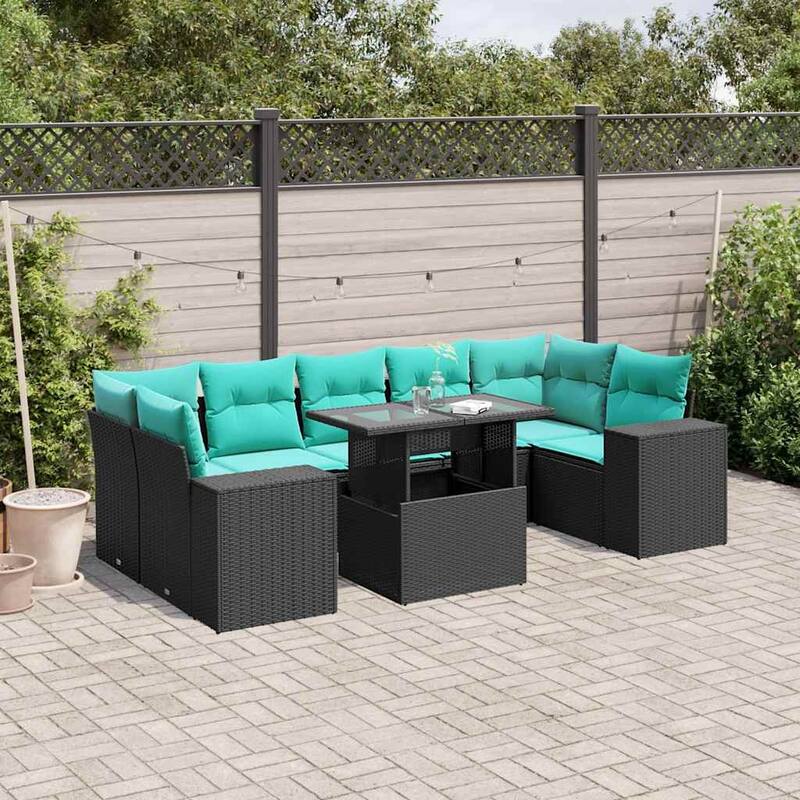 vidaXL Patio Sofa Set with Cushions Table and Couches 8 Piece Poly Rattan - 24.4 x 24.4 x 27.2 - Black without storage