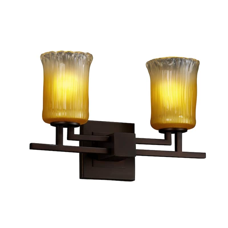 Justice Design Veneto Luce Aero 2-light Dark Bronze Bath Bar, Gold with Clear Rim Cylinder - Rippled Rim Shade - Dark Bronze