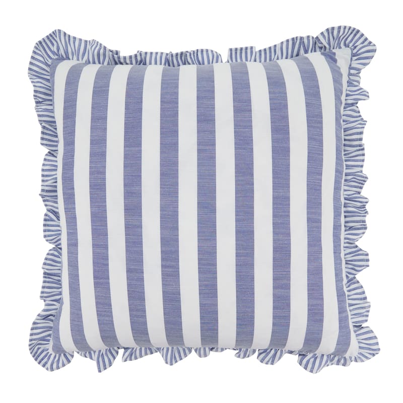 Striped Ruffle Edge Cotton-Blend Throw Pillow - Classic Cabana Stripe Design for Sofa, Bed & Accent Styling - 18"x18" - Polyester - Navy Blue