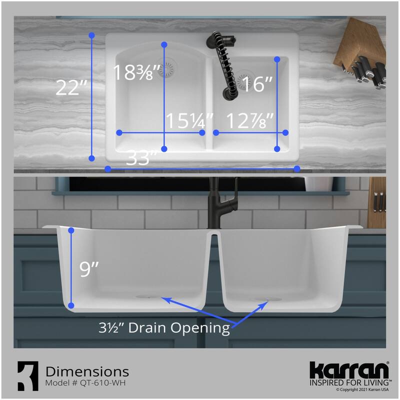 Karran USA QT-610 Quartz QT 33" Drop In Double Basin Quartz Composite