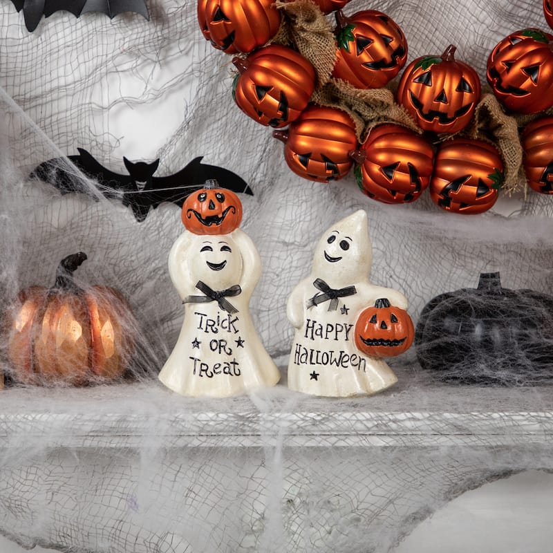 Set of 2 "Happy Halloween" and "Trick or Treat" Ghost Decorations 7.75"