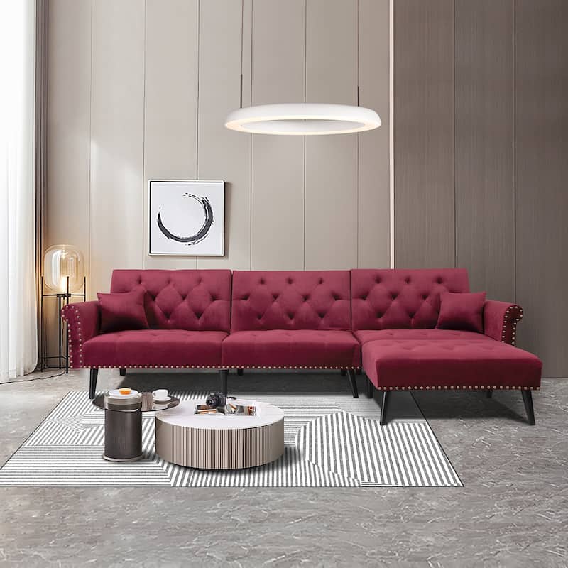 2 Pieces Convertible Reversible Sectional Sofa Velvet Sofa Sleeper Chaise - Red