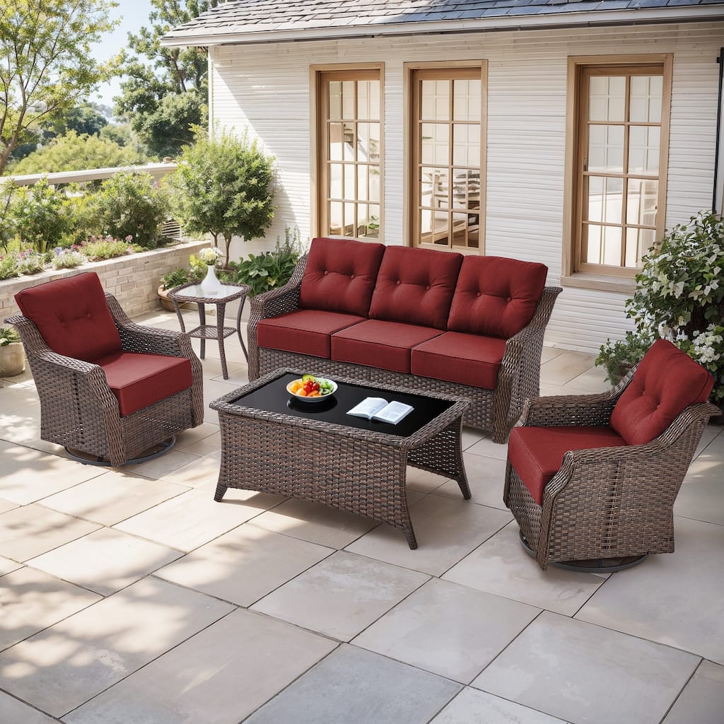 Gymojoy Wicker Patio Furniture Sofa Set, 6-Inch Ultra Thick Cushioned 360°Swivel Glider Chairs & Sofa Set