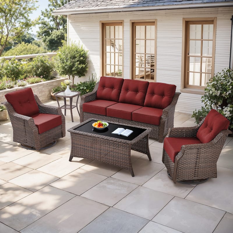 Gymojoy Wicker Patio Furniture Sofa Set, 6-Inch Ultra Thick Cushioned 360°Swivel Glider Chairs & Sofa Set - Brown Wicker / Red Cusion - 5-Piece