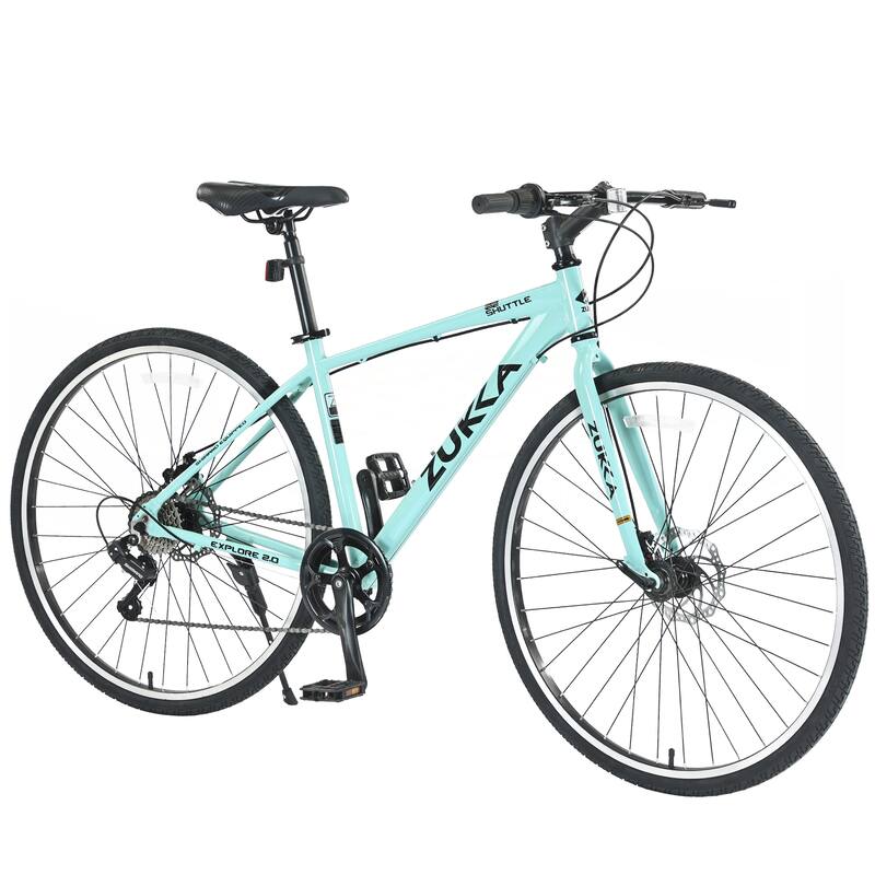 7 Speed Hybrid Bike Double Disc Brakes 700C Road Bike - Green