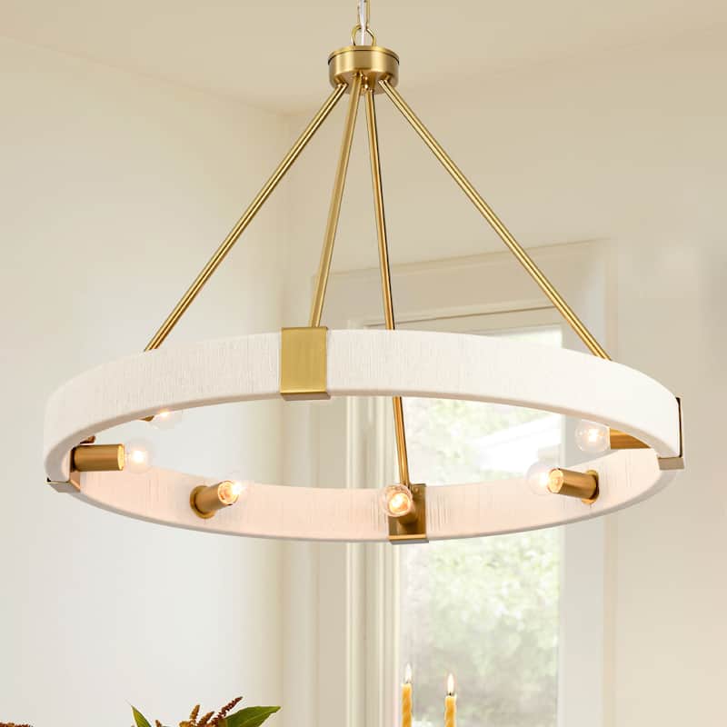 8-Light 27" W Modern Boho Beige Round Wagon-wheel Hand-Woven Cotton Chandelier - 27.6 in. W x 21.3 in. H x 27.6 in. D