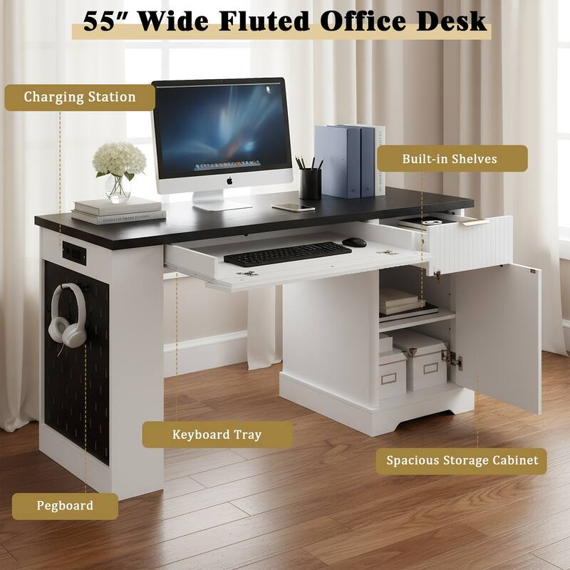 Roomfitters 55" Modern Fluted Office Desk with Charging Station, Storage Cabinet & Pegboard
