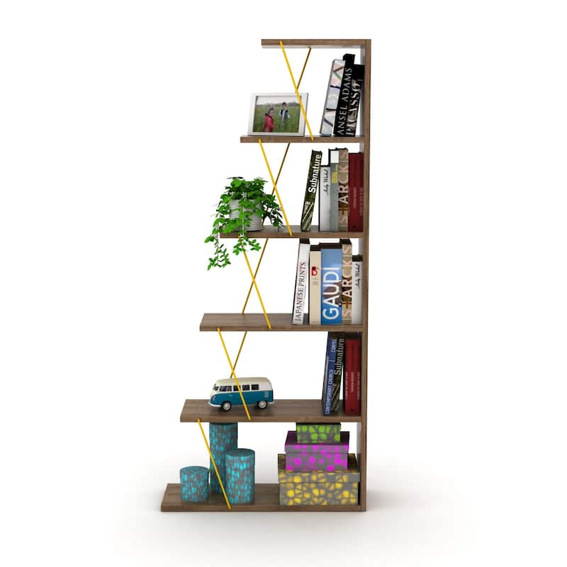 Bangles 57'' H x 25'' W Ladder Bookcase - Walnut-Yellow