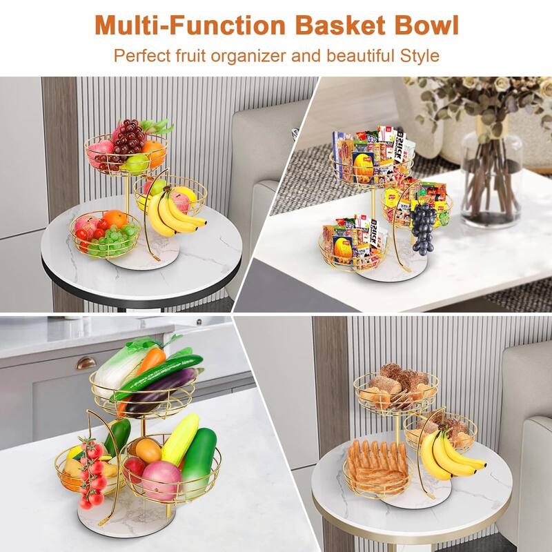 Fruit Basket Bowl with Banana Hanger, Metal Fruit Vegetable Storage Basket with Banana Holder