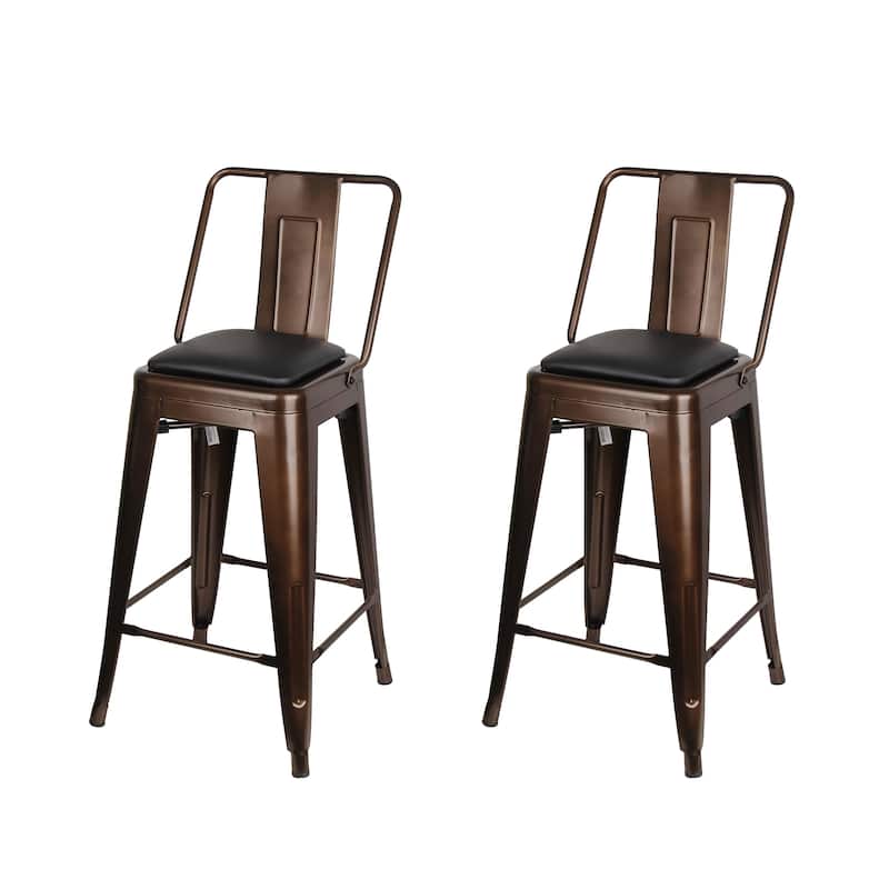 24" High Back Metal Stool with Leather Cushion-Set of 2