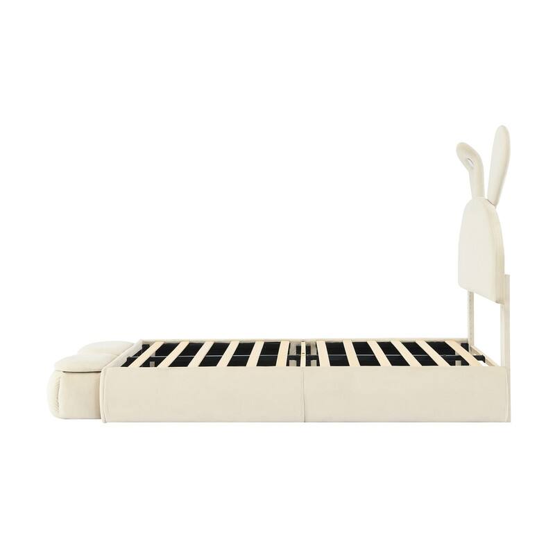 Twin/Full Size Upholstered Platform Bed with Cartoon Ears Shaped Headboard & Light, Cute Kids Bed Frame w/2 Small Storage Stools