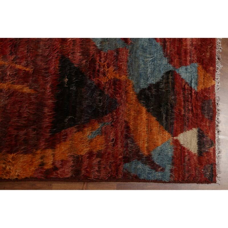 Hand Knotted Oriental 100% Wool Carpet Modern Tribal Red Moroccan Area Rug - 9' 9'' X 6' 10''